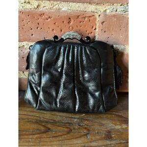 Vintage Judith Leiber Snakeskin Leather Black Clutch Shoulder Evening Bag Purse